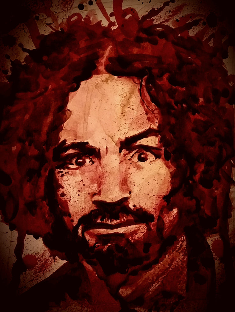 Charles Manson human blood painting by Ryan Almighty, first in the series that eventually lead to the paintings using Charlie's cremation / remains