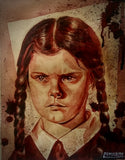 RYAN ALMIGHTY : ORIGINAL HUMAN BLOOD PAINTING : WEDNESDAY ADDAMS PORTRAIT(SOLD)