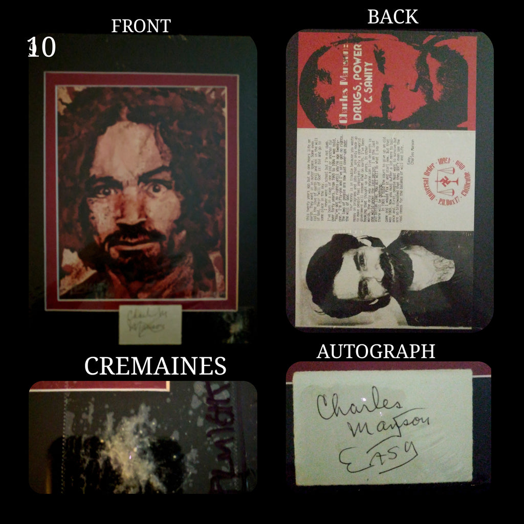 Charlie / Charles Manson human blood ash / cremains print with COA by Ryan Almighty with DRUGS POWER AND SANITY pamphlet repro and autograph / signature