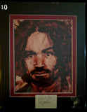 Charlie / Charles Manson human blood ash / cremains print with COA by Ryan Almighty with DRUGS POWER AND SANITY pamphlet repro and autograph / signature