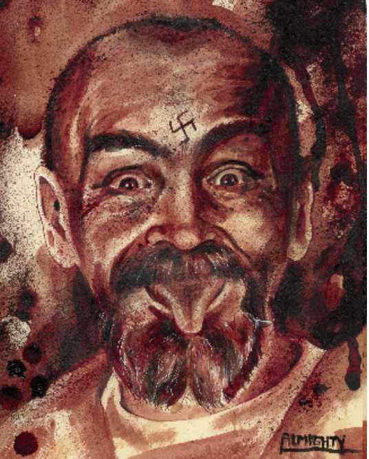 Human Blood rendering of Charles Mansons iconic image making faces and sticking out his tongue. eventualy Charlie's cremated ashes were added to this,