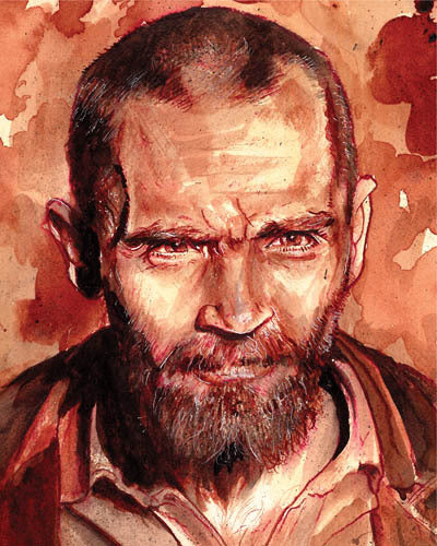 Human Blood painting of Charles Manson using an early 70s reference of Charlie in prison, The original of this painting contains Charlie's ashes and some of his hair