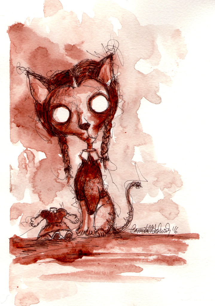 CANNIBAL WEDNESDAY : HUMAN BLOOD PAINTING : CAT SERIES : WEDNESDAY ADDAMS